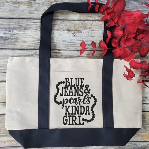 Handbags - Blue Jeans and Pearls Kinda Girl - Canvas Tote bag
